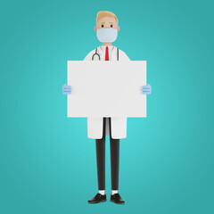 Medical specialist holding a blank poster. 3D illustration in cartoon style.