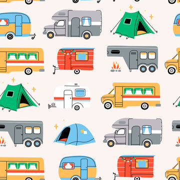 Colorful Campers RV and Tents. Various road home Trailers. Recreational vehicle. Camping caravan cars. Holiday trip concept. Country and nature vacation. Vector Seamless Pattern. Background, Wallpaper