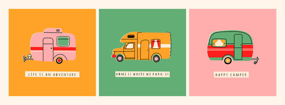 Colorful Camper RV. Road home Trailer. Recreational vehicle. Camping caravan car. Holiday trip concept. Mobile home for country and nature vacation. Set of three Hand drawn Vector illustrations