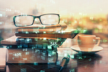 Data tech hologram with glasses on the table background. Concept of technology. Double exposure.