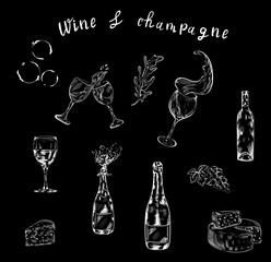 Wine , champagne alcoholic drink chalk vector design elements on black background. Concept for menu, cards, wallpaper , wrapping paper 
