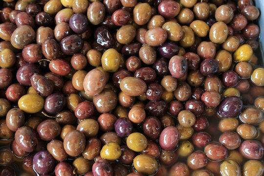 Greece, Athens, July 27 2020 - Stall with Amfissa olives at street market.