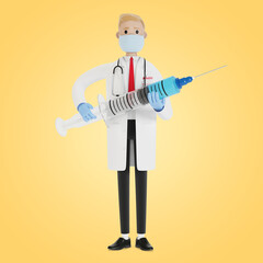 Syringe in the hands of a doctor. Ambulance. Flu shot. Health care medicine concept. 3D illustration in cartoon style.