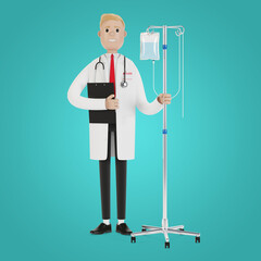 Fototapeta premium Doctor with a dropper. Toxicology, intexication, decontamination. Health care concept. Medical equipment. 3D illustration in cartoon style.
