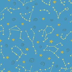 Seamless patterns of 12 zodiac signs. Vector illustration of the horoscope of the constellation. Night sky