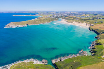 Aerial photograph of Crantock Beach and Pentire Head, Newquay, Cornwall, England