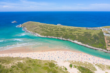 Aerial photograph of Crantock Beach and Pentire Head, Newquay, Cornwall, England