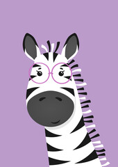 Fototapeta na wymiar Cute zebra with glasses. Poster for baby room. Childish print for nursery. Design can be used for kids apparel, greeting card, invitation, baby shower. Vector illustration.