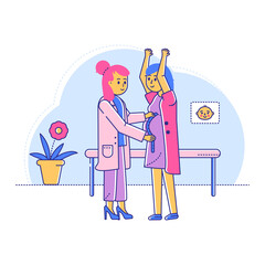 Woman pregnant character therapist doctor appointment, line female gynecologist conducts test isolated on white, flat vector illustration. Medical examination room, prenatal inspection.