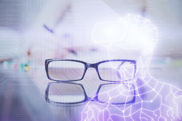 AR hologram over hands taking notes background. Concept of augmented reality. Double exposure