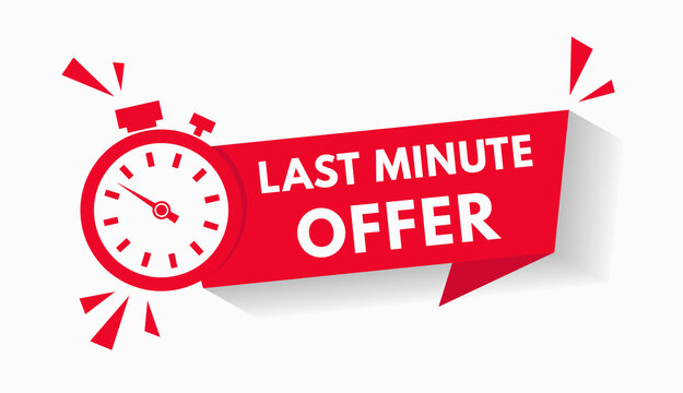 Last minute limited offer with clock for sale promo, button, logo or banner or red background. Hurry up sale label with time countdown for limited offer sale or exclusive deal. Special offer badge V1