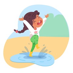 Cute little girl playing in puddle. Child in rubber boots jumping and having fun outdoors. Good or bad kid behavior scene. Vector character illustration of childhood.