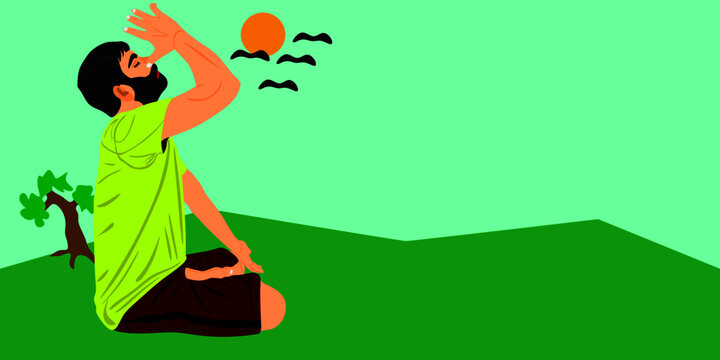 an indian male cartoon doing yoga around natural sunny day colorful environment with green grass and sky.