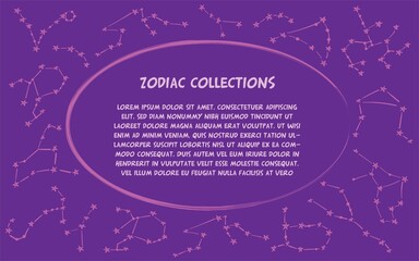 Patterns of 12 zodiac signs. Vector illustration of the horoscope of the constellation. Horizontal banner. Template for postcard, brochure, page, booklet.