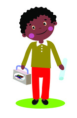 the boy loves to draw and goes to art school . He is holding a box of paints and a roll of paper. African-American background