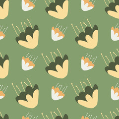Fototapeta premium Small and middle simple flowers seamless pattern. Botanic elements in green, yellow and white colors on pastel green background.