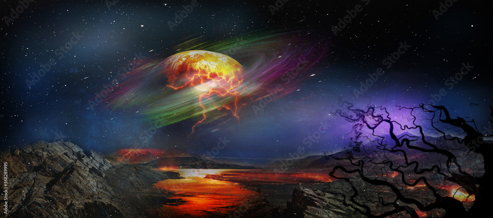 Wall mural fantasy and surreal alien planet landscape. elements of this image furnished by nasa.