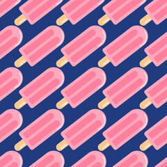 Bright seamless pattern with fruit ice. Navy blue background and diagonal located food elements in pink colors.