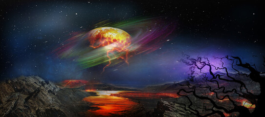 Fototapeta na wymiar Fantasy and surreal alien planet landscape. Elements of this image furnished by NASA.