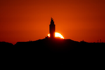 Summer sunset on the Tower of Hércules, UNESCO World Heritage Site, Galicia, Spain