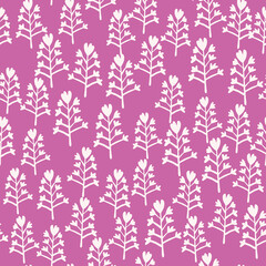 Random seamless pattern with white floral elements. Bright lilac background. Naive style.