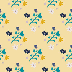 Botanic seamless naivy pattern with flowers ornament. Pastel orange background and turquoise floral elements.