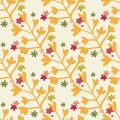 Doodle seamless pattern with simple floral silhouettes. Orange botanical ornament and pink little daisy flowers on light pastel background.