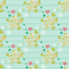 Pastel seamless naive pattern with abstract floral ornament in green tones. Blue stripped background. Little pink daisy flowers.