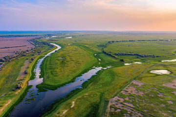 Aerial panorama of the rivers of the Astrakhan region in the summer. High quality photo