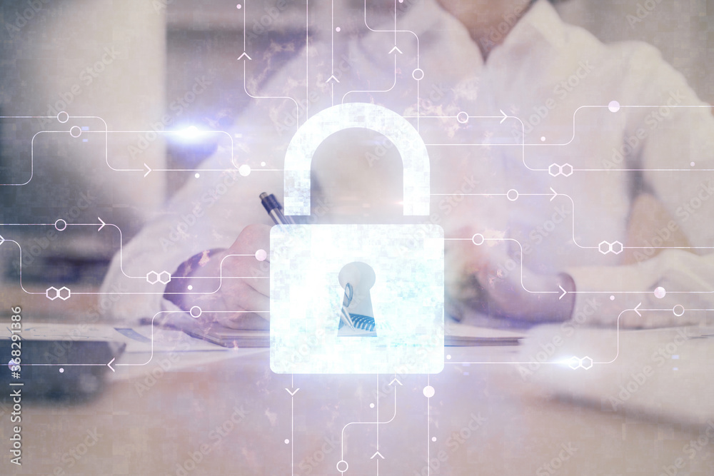 Poster double exposure of woman's hands writing with lock icon. concept of security and protection of data