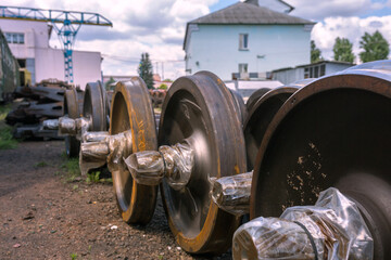 New railway wheelsets are stored in the car repair depot