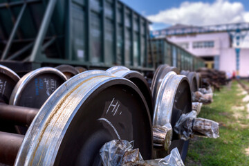 New railway wheelsets are stored in the car repair depot