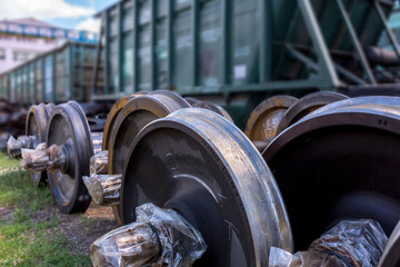 New railway wheelsets are stored in the car repair depot