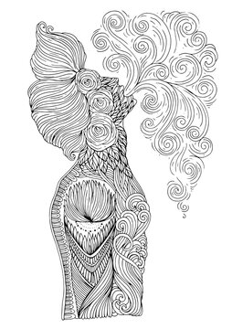 JPEG Drawn In Profile Sexy Tattooed Man With Long Hair. Patterned Guy Let A Pair Into A Cloud Of Smoke Vaping E-cigarette. Ornamental Decorated Coloring Page Smoking Boy Yellow Lines On Brown Back 