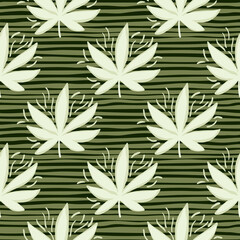 White cannabis leaves seamless pattern. Stripped green background.