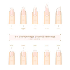 Set of vector images of various nail shapes for light skin type