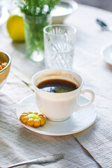coffee and breakfast on the table outdoor country terrace
food background top view copy space for text organic healthy eating