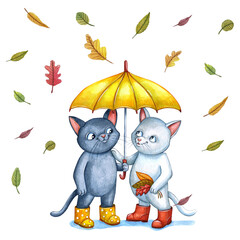 Watercolor illustration of a funny cat. Hand made character. Cartoon style illustration. Halloween. Autumn.	Fall
