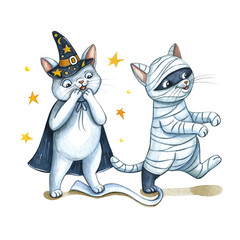 Watercolor illustration of a funny cat. Hand made character. Cartoon style illustration. Halloween. Autumn.	Fall
