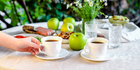 coffee and breakfast on the table outdoor country terrace
food background top view copy space for text organic healthy eating