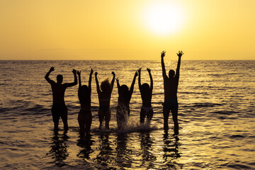 Happy friends jumping inside water on the beach at sunset. Young people having fun on summer vacation. Travel, party and friendship concept. Image