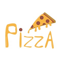 Pizza logo with melted slice. Retro grunge logotype isolated