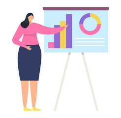 Woman character business task manager, female stand board infographics isolated on white, flat vector illustration. Info industry work, professional educator company coach data centre.