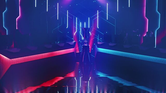 eSports Winner Trophy Standing on a Stage in the Middle of the Computer Video Games Championship Arena