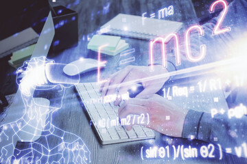 Science formula hologram with man working on computer on background. Education concept. Double...