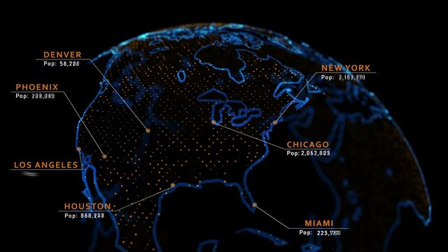US Population 2020 census. 4k 3D Holographic earth featuring major cities in the US with population data plotted. 2020 census bureau data