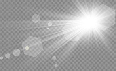 Special lens flash, light effect. The flash flashes rays and searchlight. illust.White glowing light. Beautiful star Light from the rays. The sun is backlit. Bright beautiful star. Sunlight. Glare. - obrazy, fototapety, plakaty