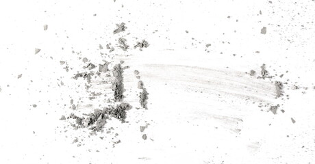 Paper ash, dust isolated on white background, texture top view