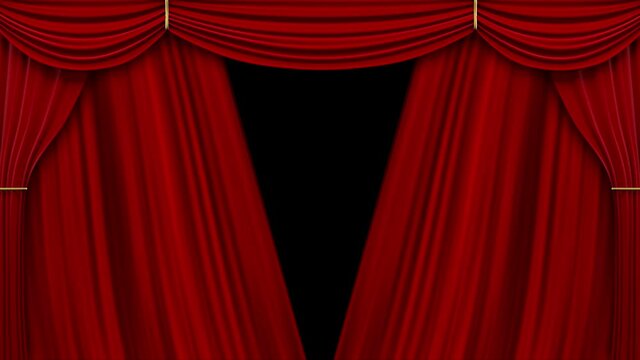 Theater red curtains. 4k 3D animation of a theater stage with opening red curtains