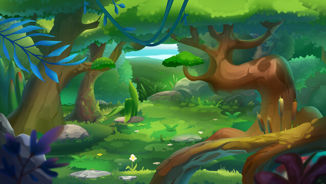 Fantasy Morning Forest Concept Illustration for Video Game, Casual Style, Realistic Background 